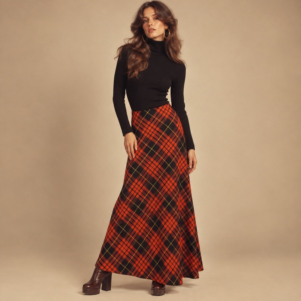 Kelly Arden Maxi Dress Womens S Red Black Vintage 70s Plaid Empire Waist Groovy